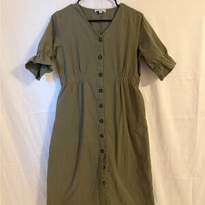 Olive Green Button-Down Midi Dress